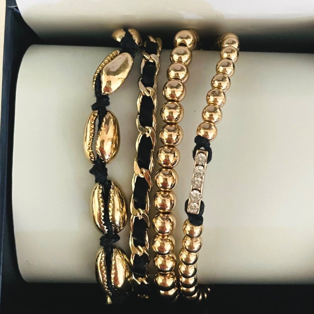 Bon Voyage 4-Piece Goldtone Bead Seashell and Rhinestone Bracelet Set w/Gift Box
